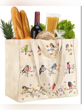 🍁Tote Bag Cream color with Colorful Bird Print